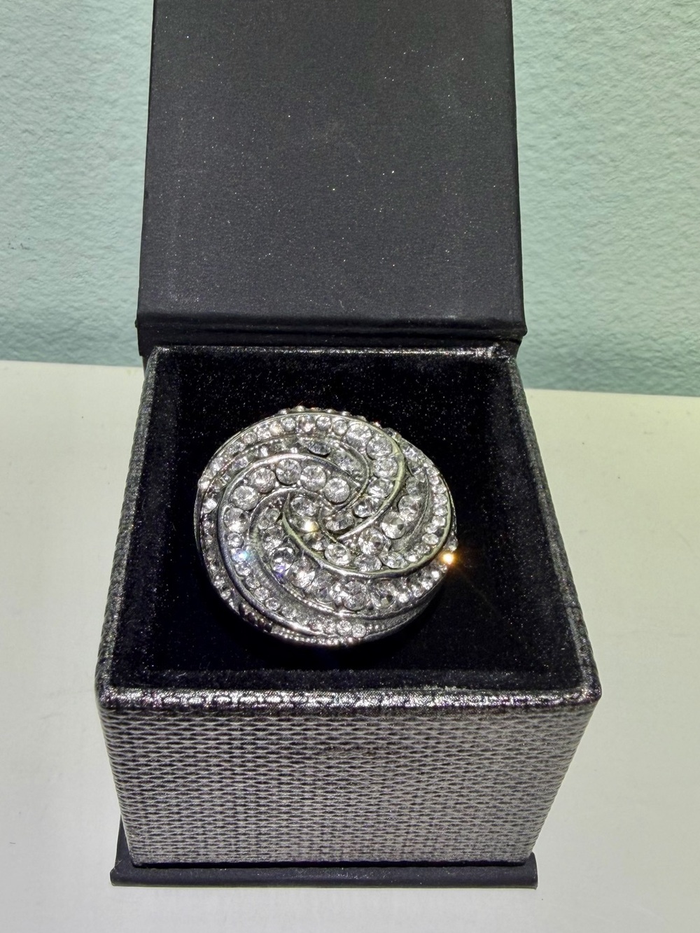 Silver Crystal Vintage Swirl Statement Drama Dinner Ring - Fits Ring Size 6-8